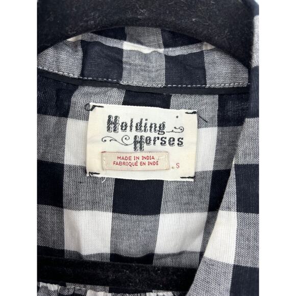 Anthropologie Top Womens Small Nellie Gingham Button Down Black Holding Horses - Picture 3 of 4